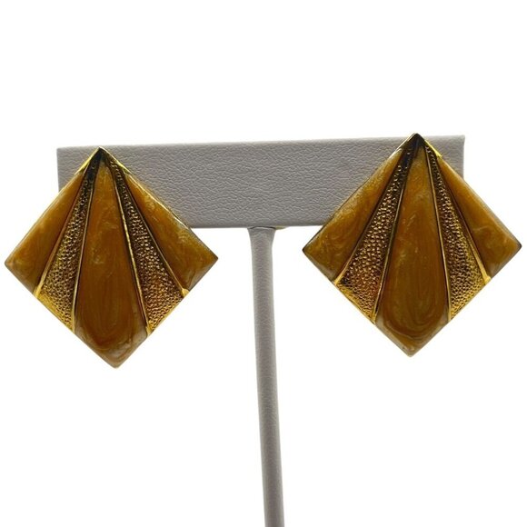 Vintage Gold Marble Geometric Earrings Clip‎ On Large Oversized Costume Jewelry - Picture 1 of 6